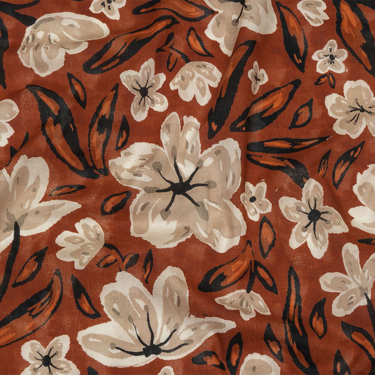 1 Yard Cotton Voile Burnt Orange Painterly Floral Wildflower Walk Print Fabric